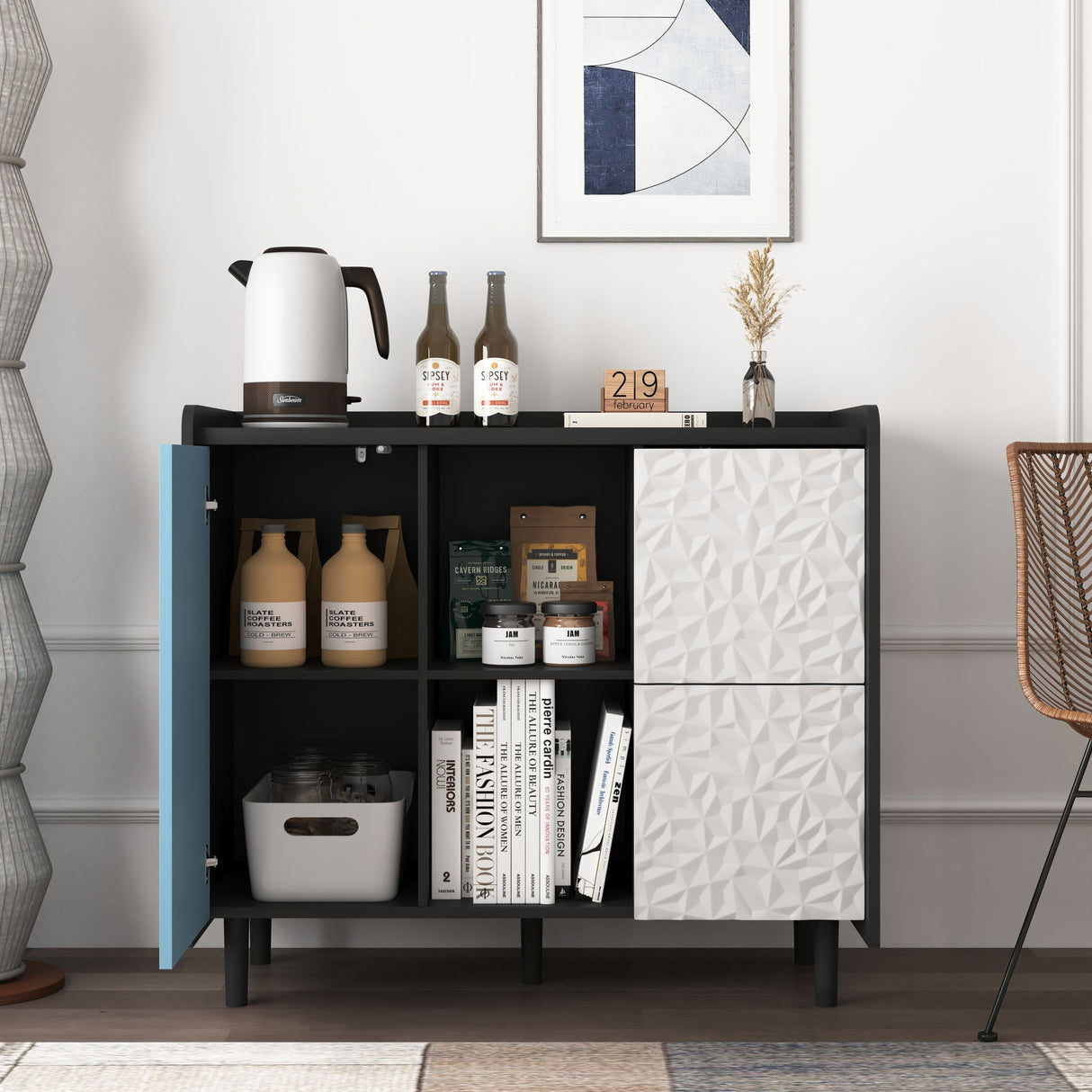Sideboard Buffet Cabinet with Unique Panel Styling Wood Storage Drawers