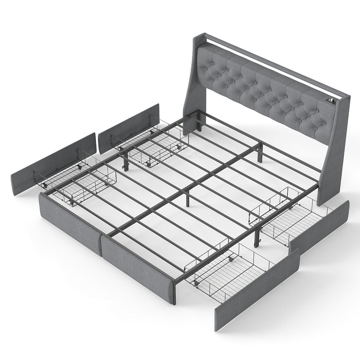 Platform Bed Frame With RGB LED Lights, Charging Station, Storage Headboard & 4 Underbed Drawers