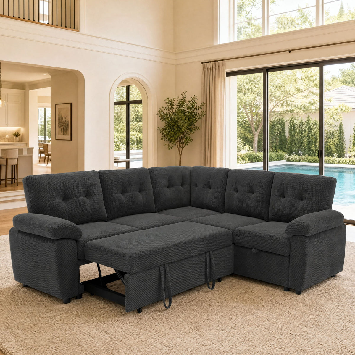Convertible Sectional Sofa Bed With Pull Out Sleeper And Storage