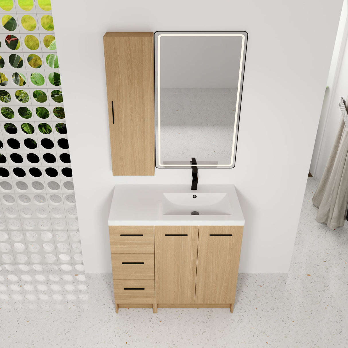 Freestanding Bathroom Vanity Set With Tall Linen Cabinet, 3 Drawers And Large Storage, Single Sink