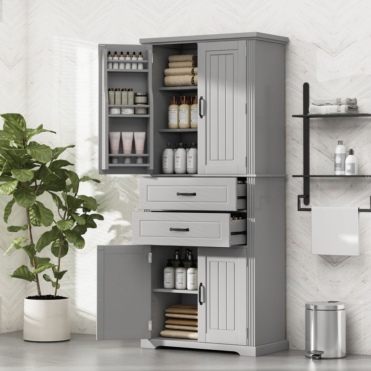 Multi Functional Storage Cabinet With Adjustable Shelves, 2 Drawers, Door Shelves