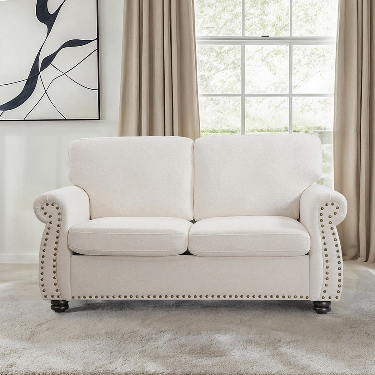 Soft Loveseat, Upholstered 2 Seater Couch, Loose Back Cushions And Turned Legs