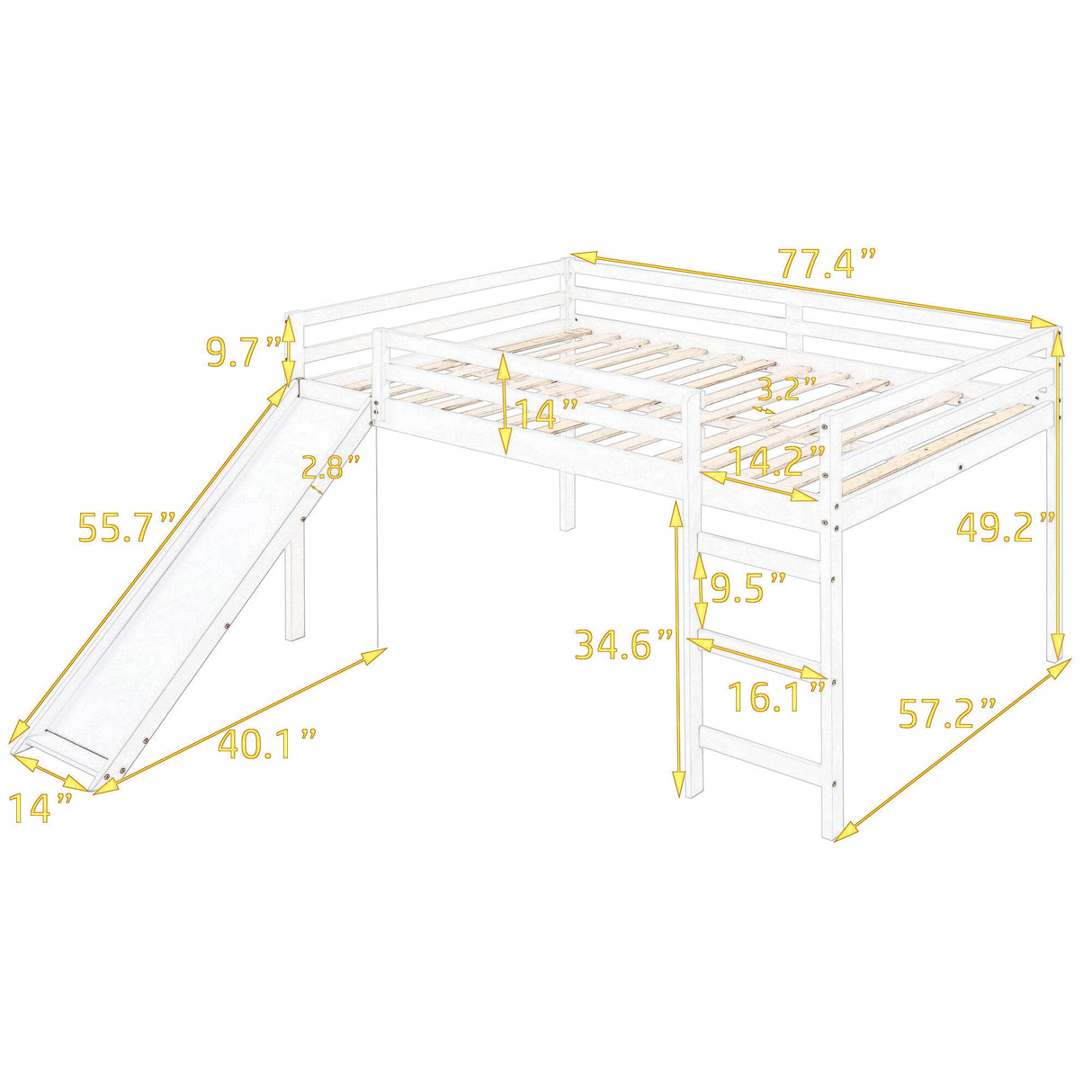 Full Loft Bed With Slide, Multifunctional Design - White