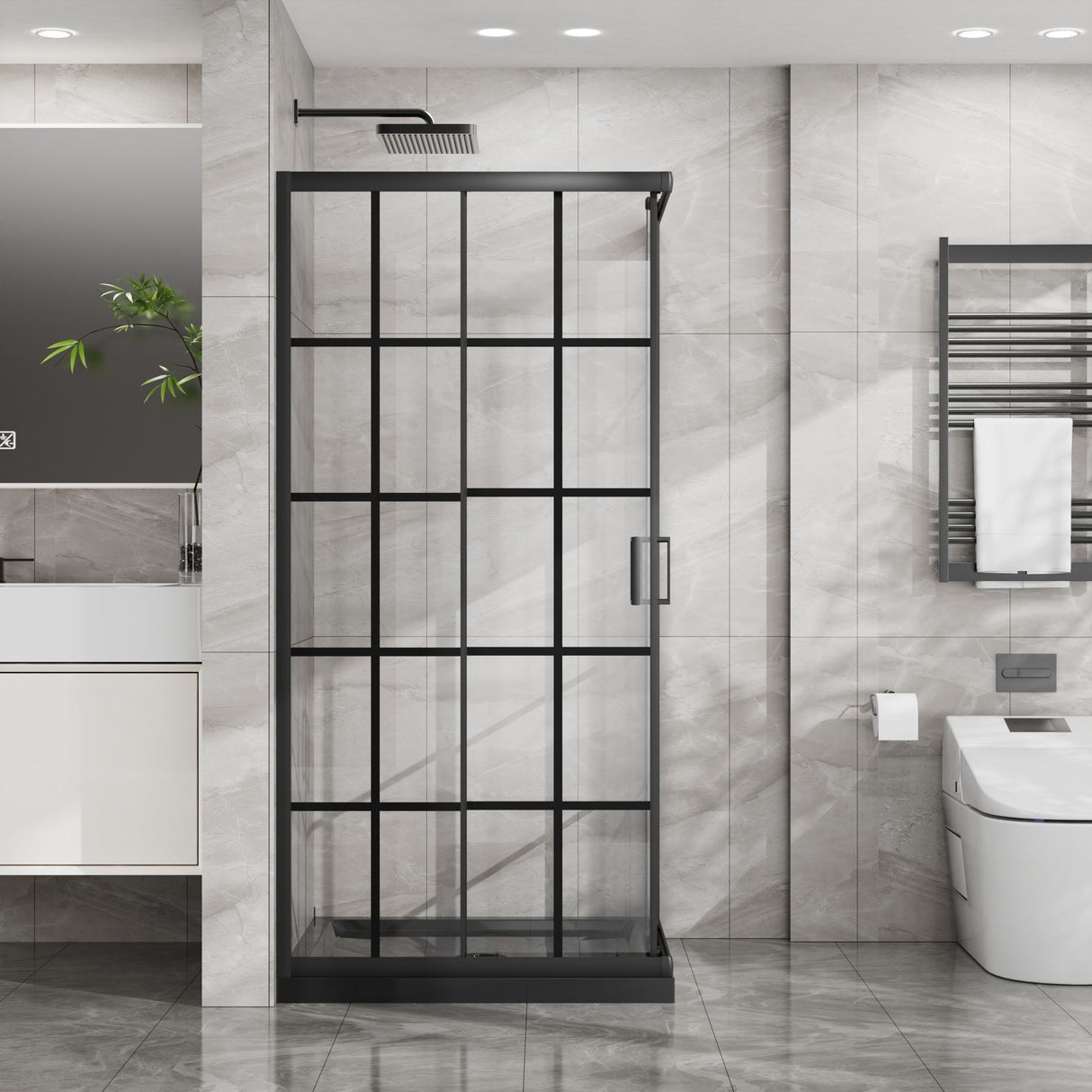 Corner Shower Enclosure, Double Sliding Door, Base - Matte Black