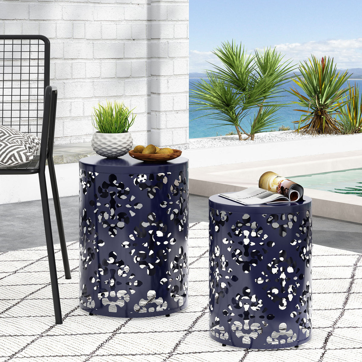 Modern Iron Cut Design End Table (Set of 2) - Navy Blue