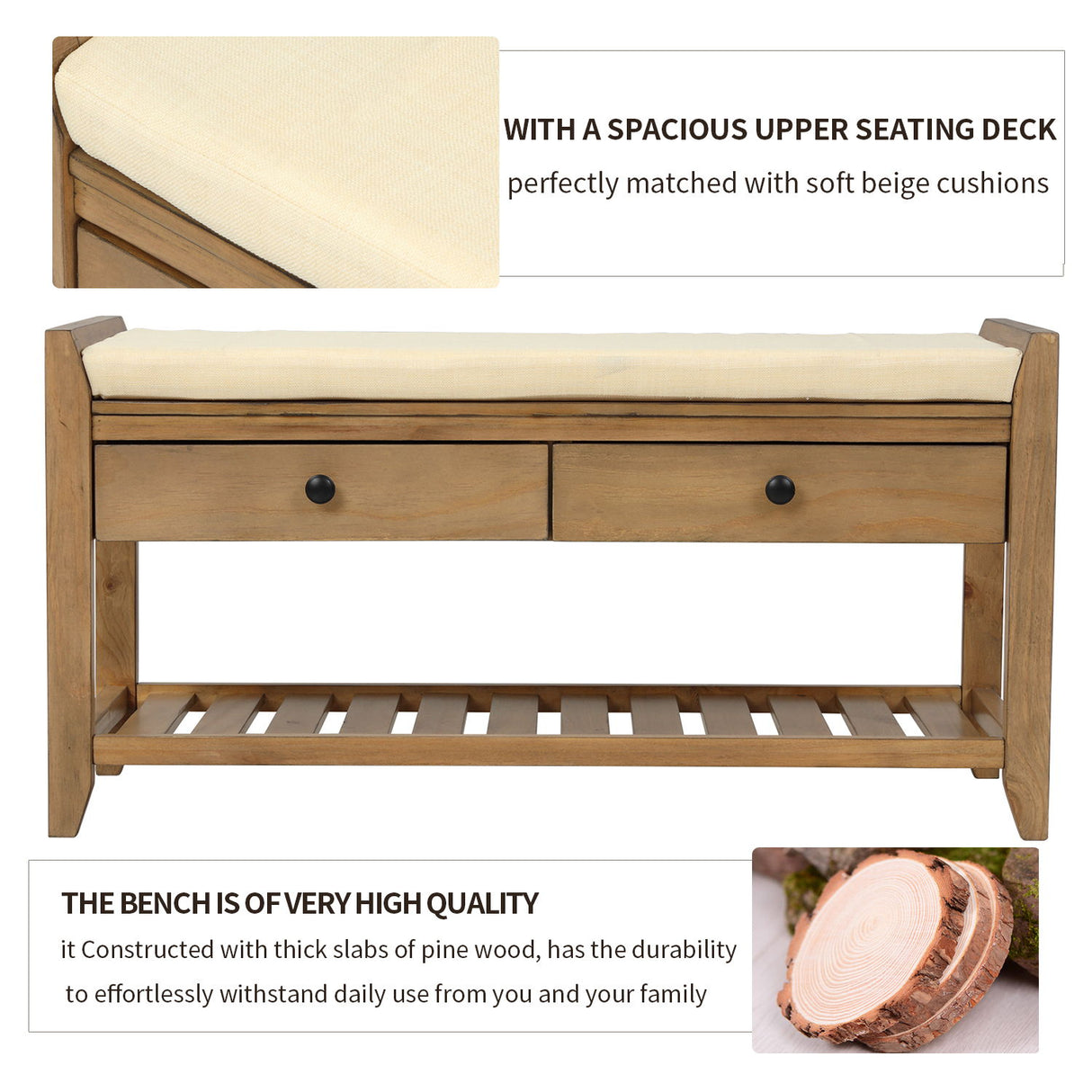 Multipurpose Entryway Shoe Rack With Cushioned Seat And Drawers
