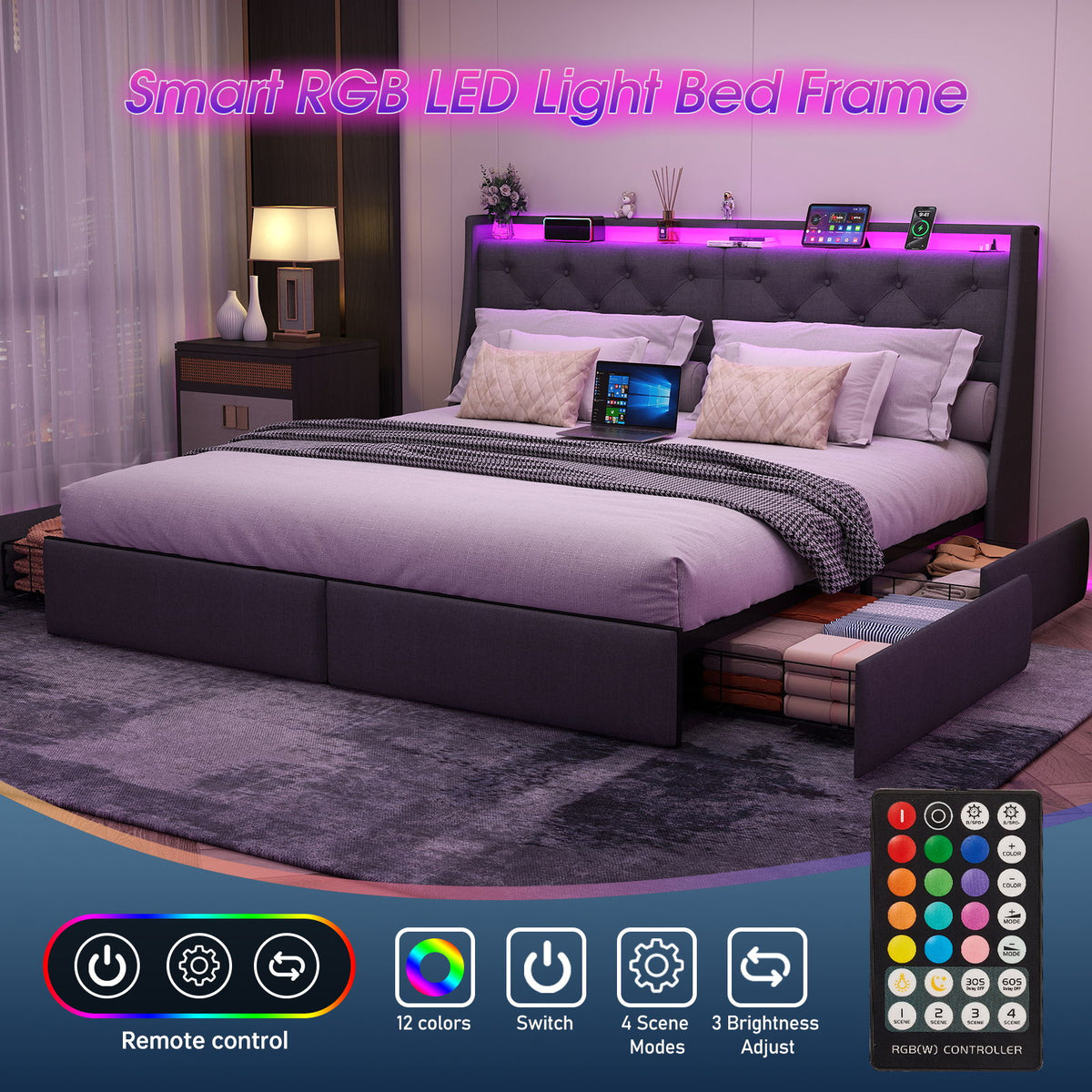 Platform Bed Frame With RGB LED Lights, Charging Station, Storage Headboard & 4 Underbed Drawers