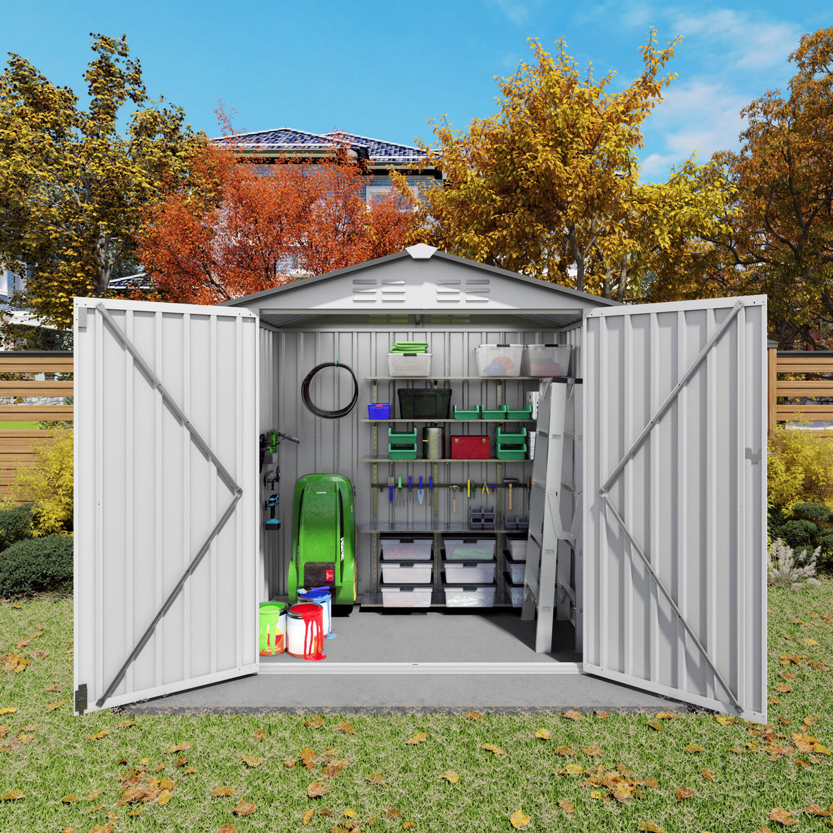 Garden Tool Shed Storage Building Waterproof Peaked Roof Metal White Gray