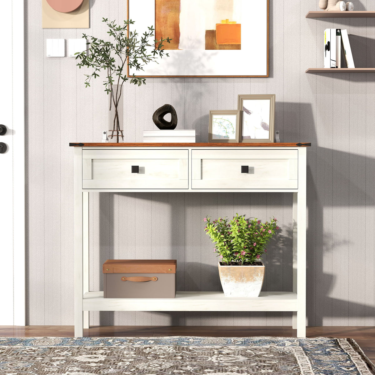 Farmhouse Style Console Table With 2 Drawers And Bottom Storage Shelf