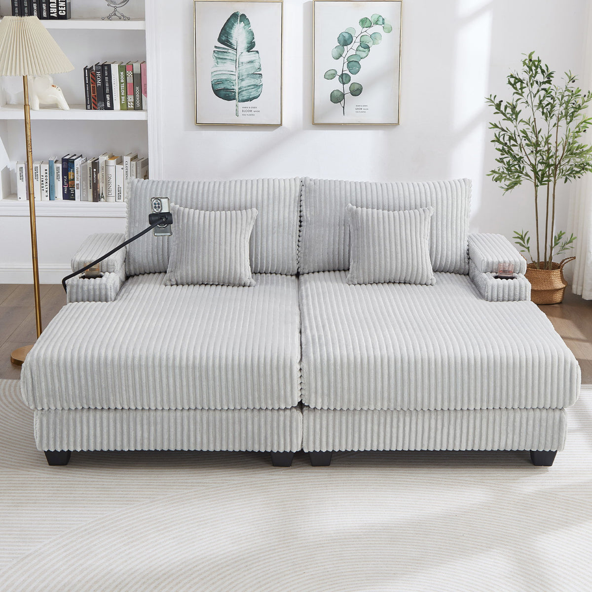 Chaise Sofa With Adjustable Backrest, Cup Holders, Phone Holder & Storage Compartments For Living Room - Light Gray