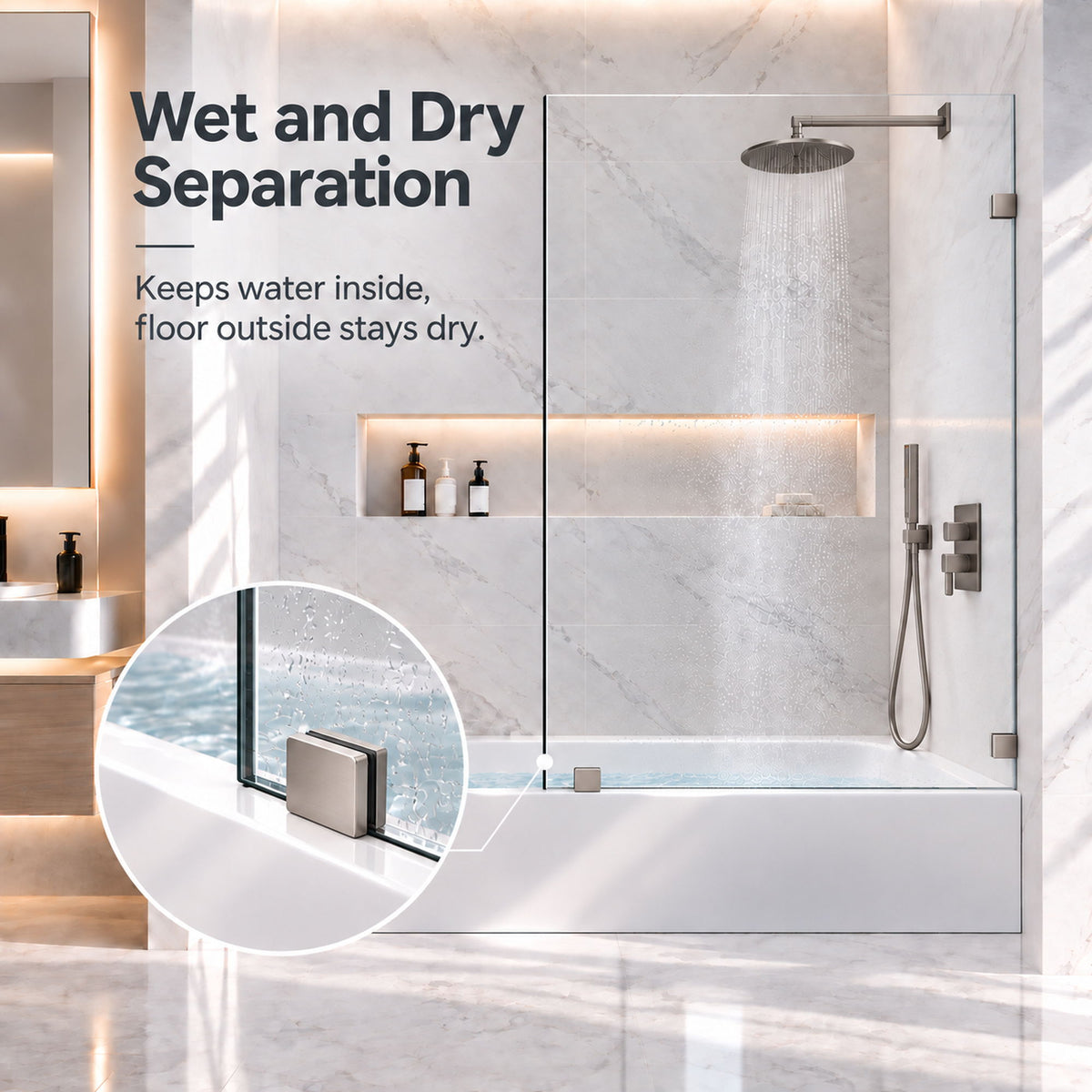 Frameless Bathtub Shower Screen, Reversible Installation