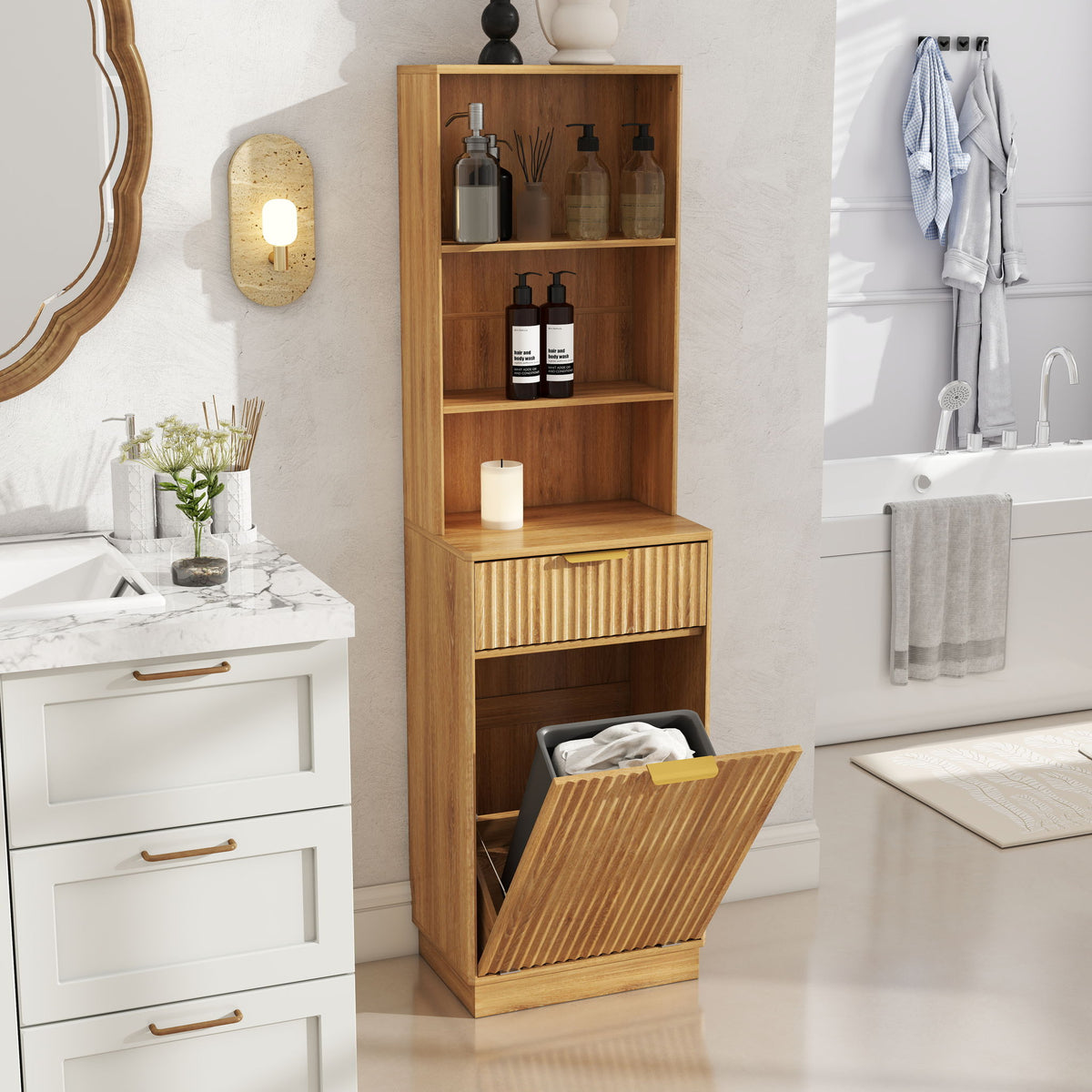 Tall Narrow Fluted Storage Cabinet With Trash Bin Compartment For Kitchen (Trash Can Not Included)
