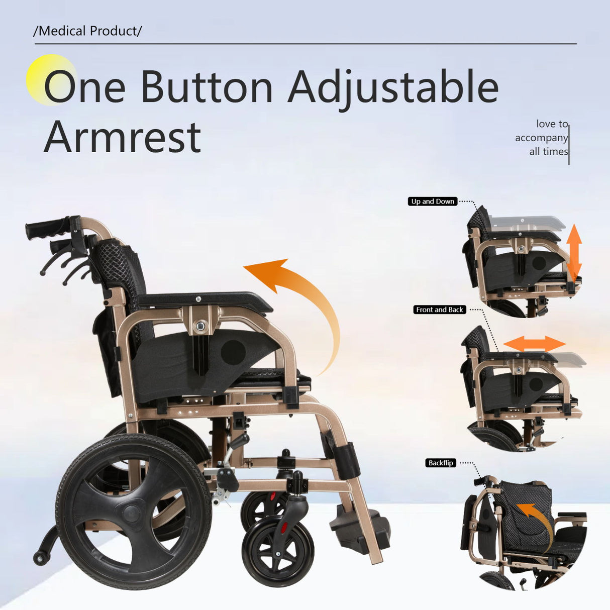 Lightweight Foldable Transport Wheelchair For Adults, Square Tube Design