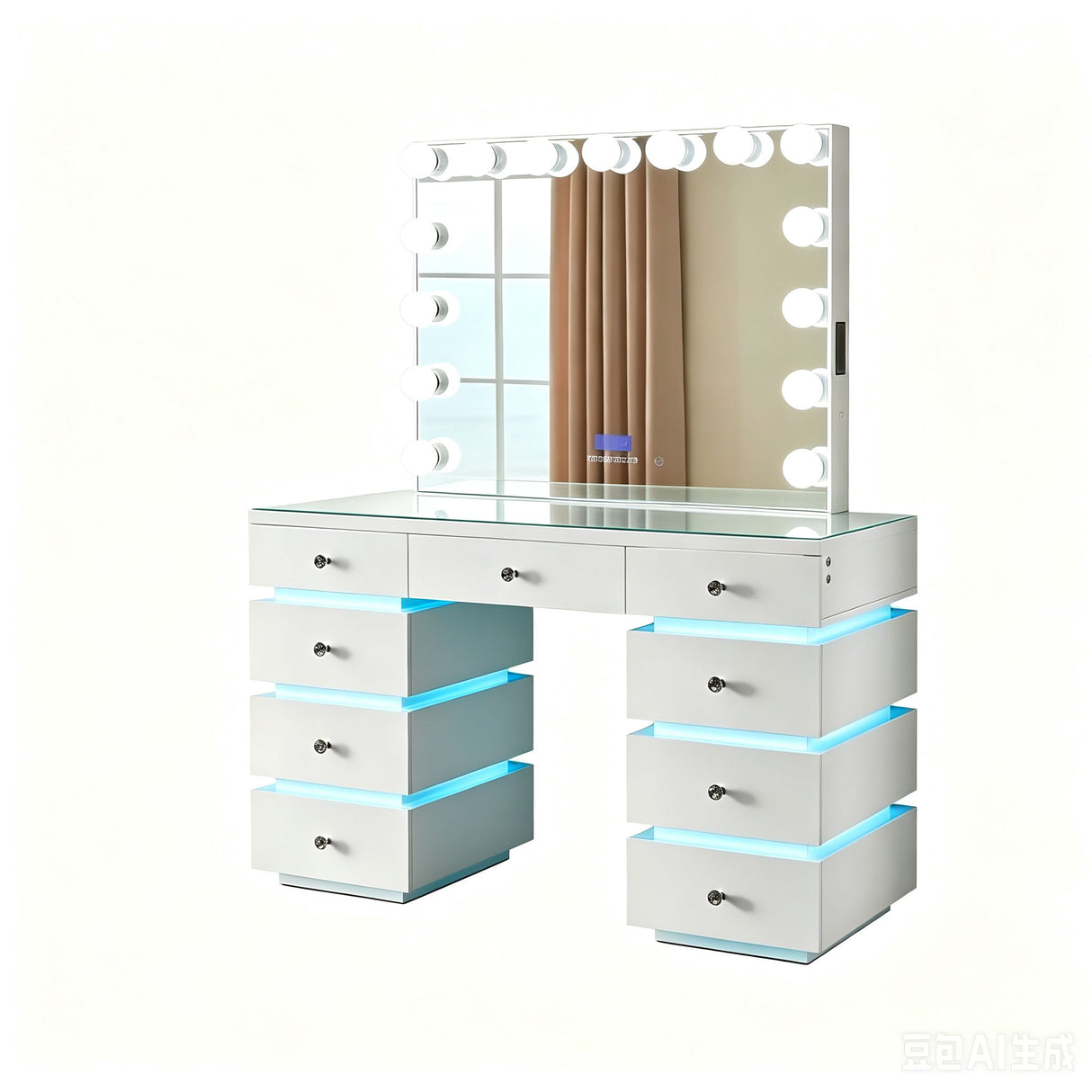 LED Lighted Makeup Vanity Desk With 15 Bulbs Mirror, RGB Light Drawers, 9 Drawers Dressing Table For Bedroom - Gloss White