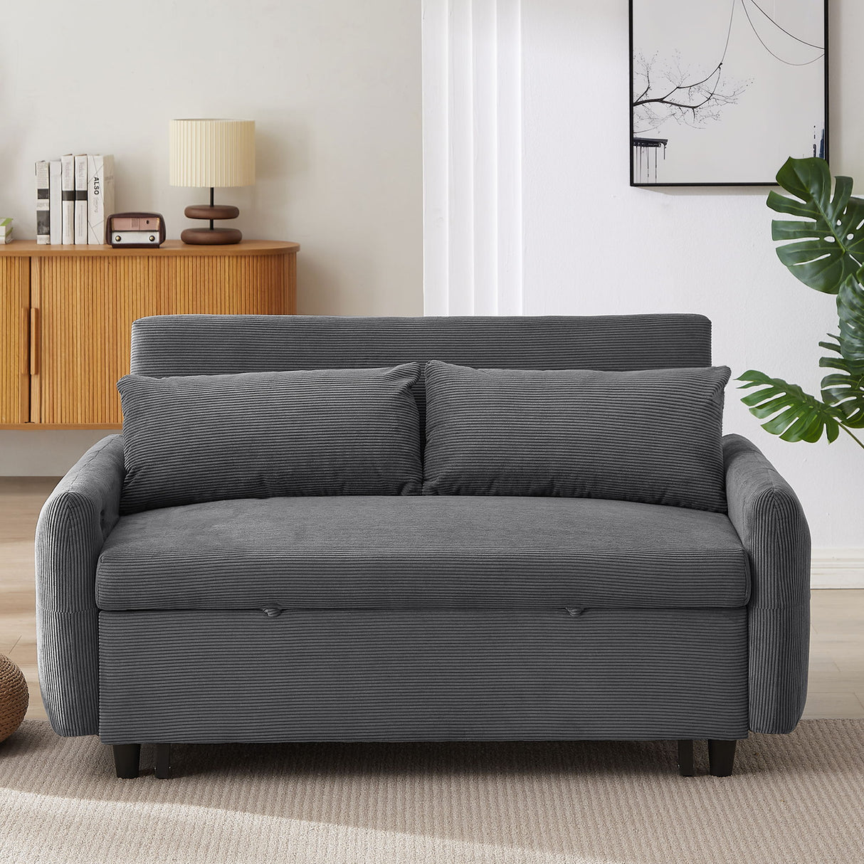Pull-Out 2 Seat Modern Sleeper Sofa With 2 Throw Pillows And USB Ports