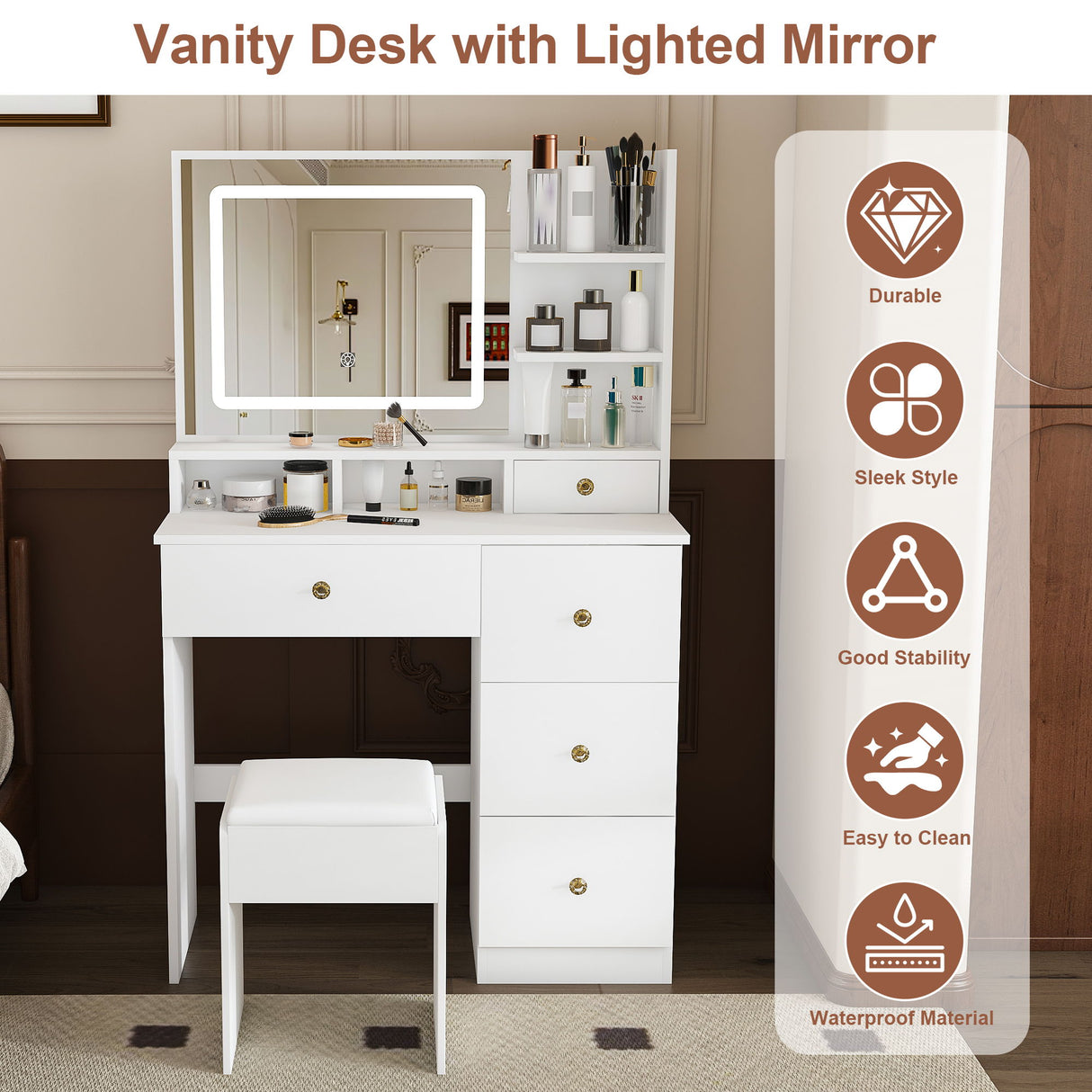 Vanity Desk With Mirror, 3 Color Lighting And Stool