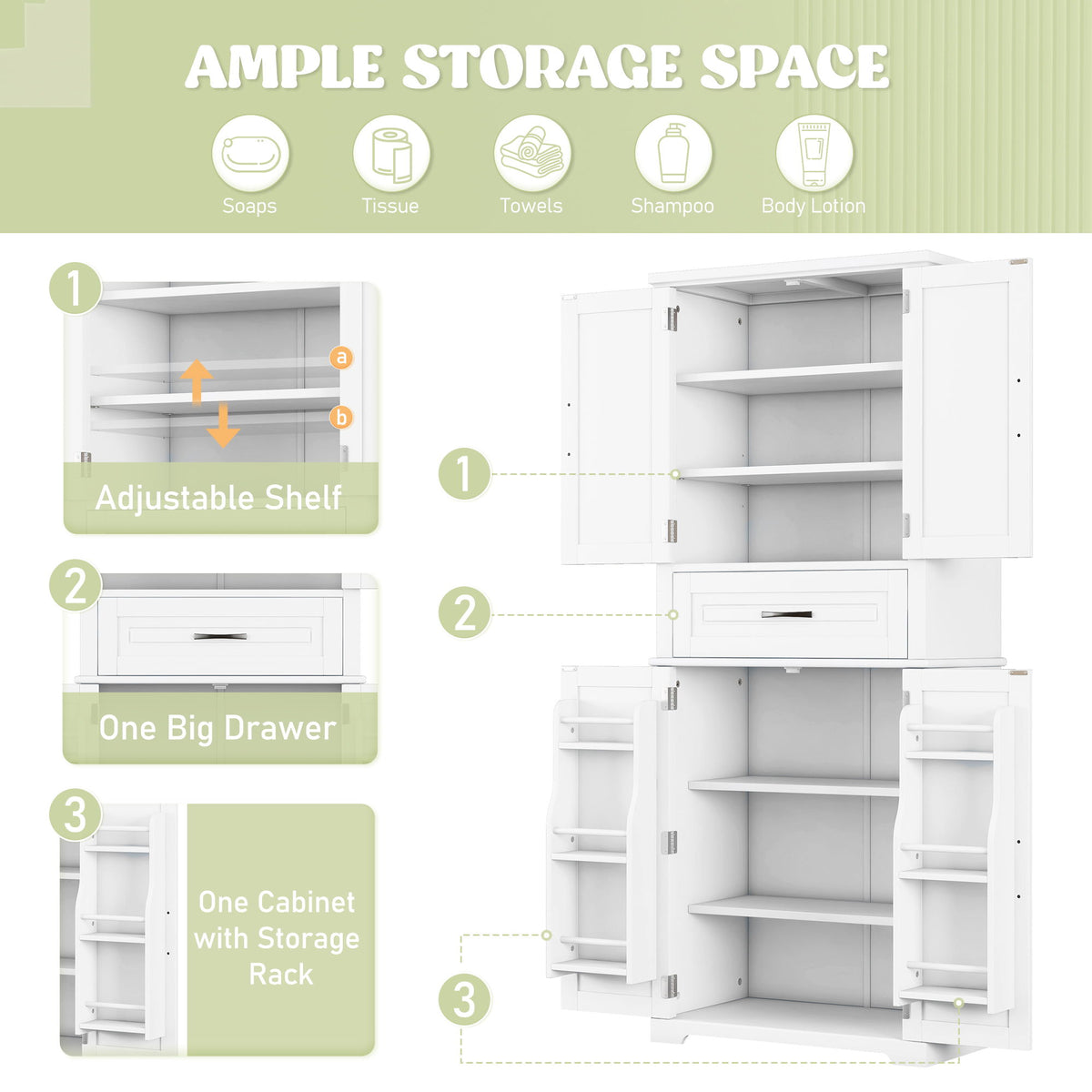 Bathroom Storage Cabinet With Multifunctional Storage Space, Drawer With Slide Rails, Adjustable Shelf