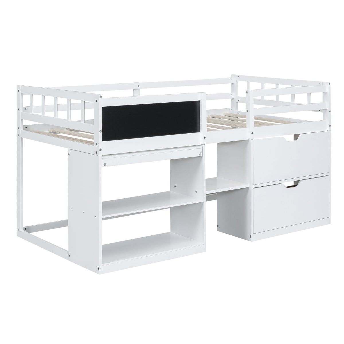 Low Loft Bed With Rolling Desk, Shelf And Drawers