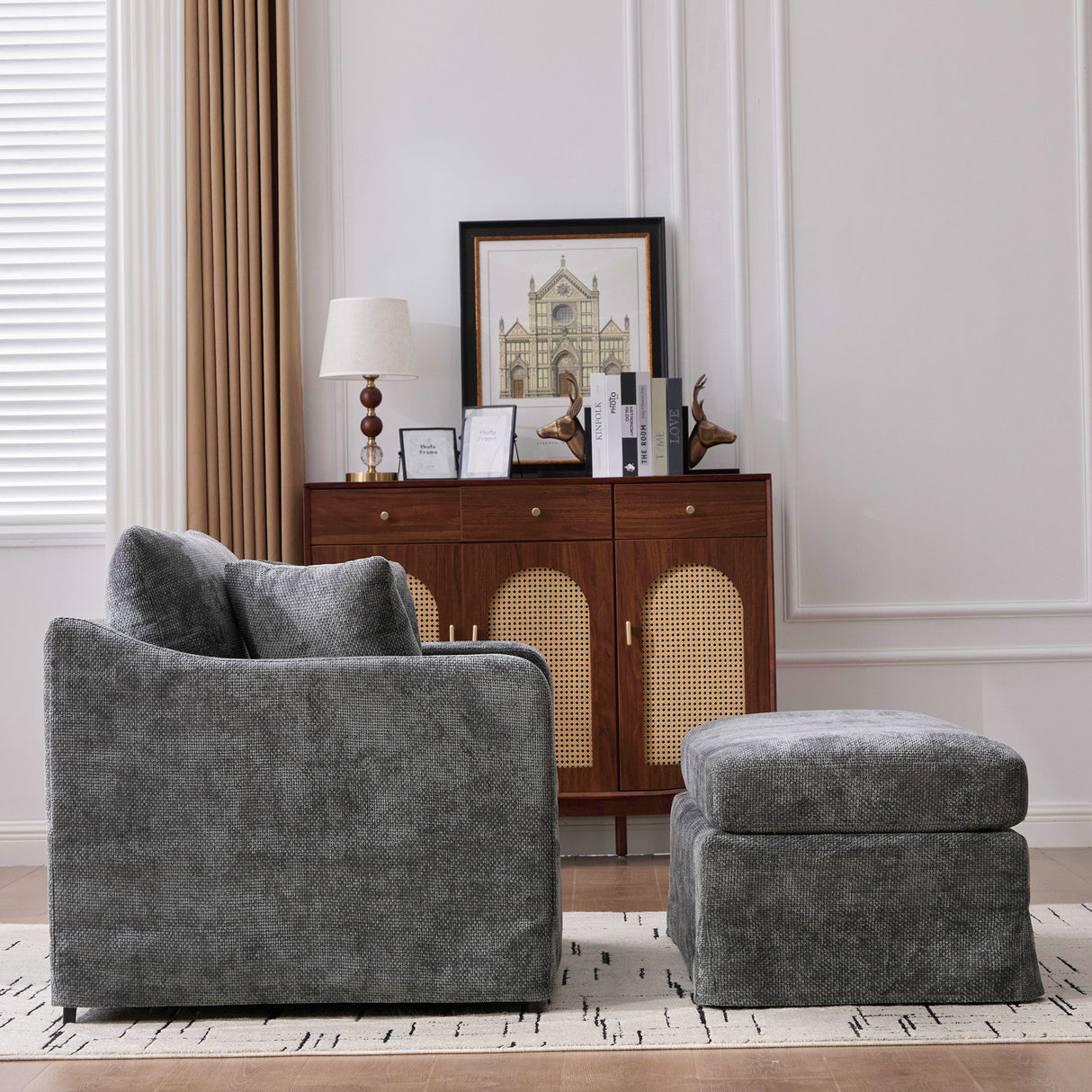 Accent Chair With Ottoman, Includes 2 Bolster Pillows