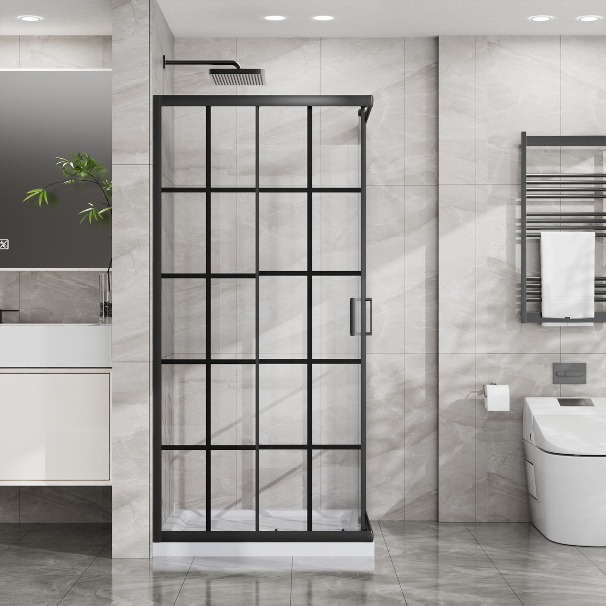 Corner Shower Door, Shower Enclosure With Dual Sliding Doors - Matte Black