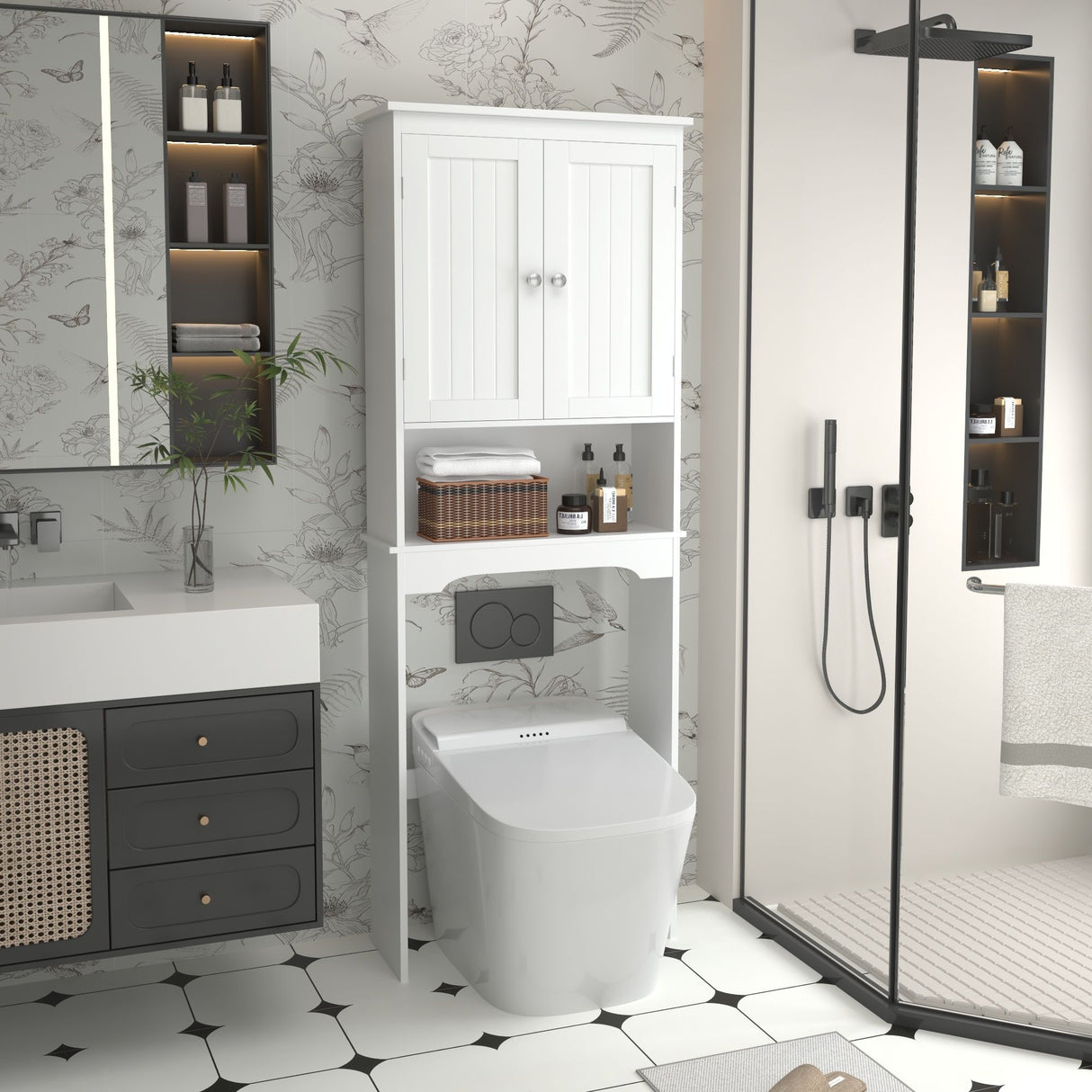 Over The Toilet Storage Cabinet, Bathroom Space Saver With Adjustable Shelf - White