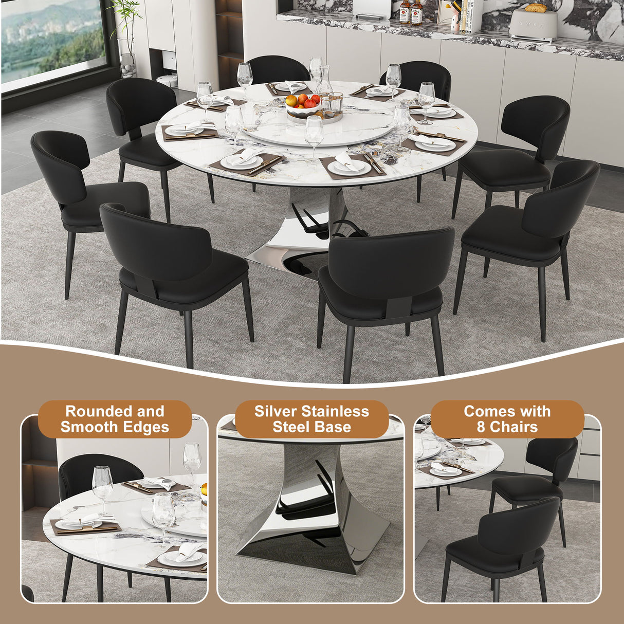 Round Dining Table With 6 Chairs Set - Silver