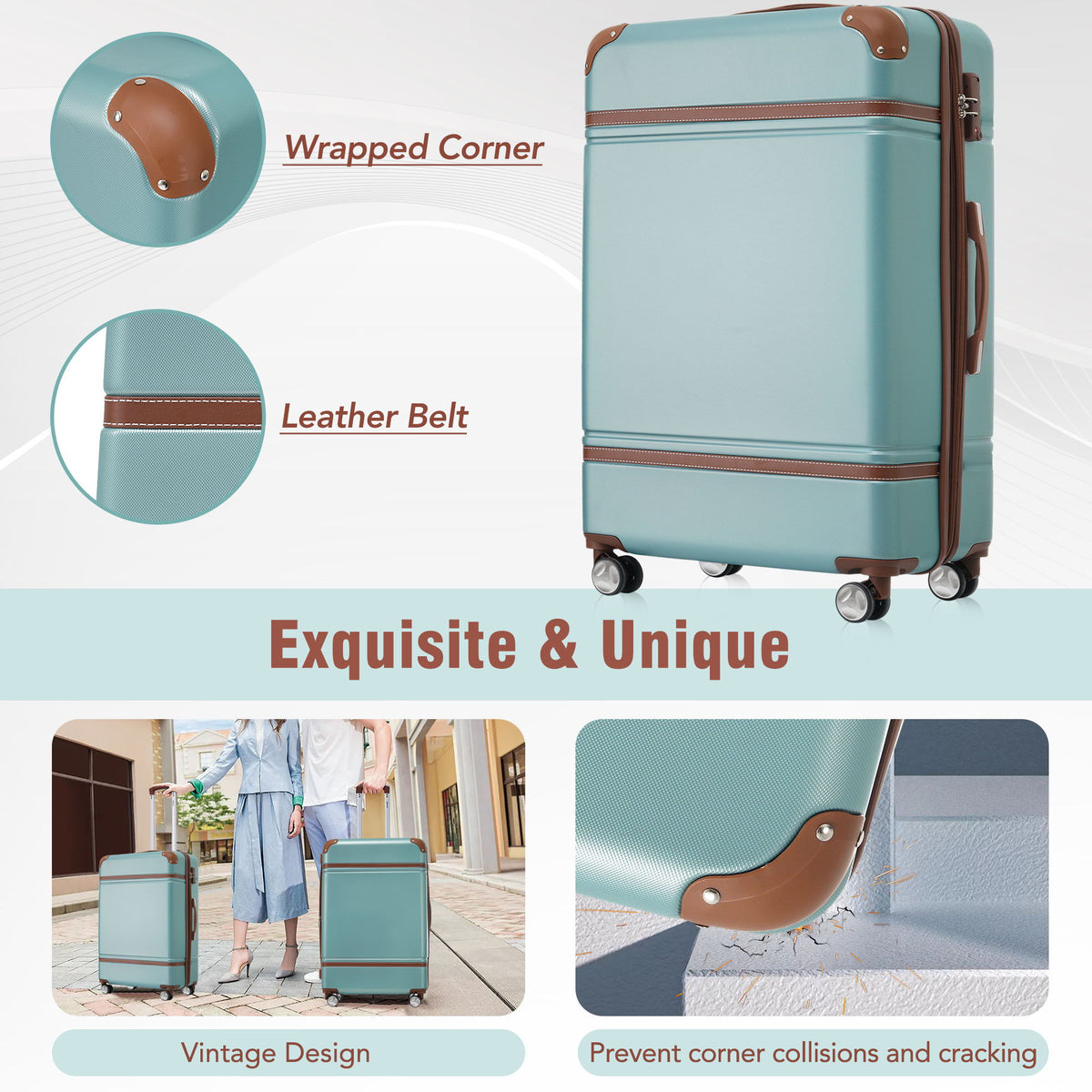 Hardshell Luggage Sets 3 Pieces 20" / 24" Luggages And Cosmetic Case Spinner Suitcase With Tsa Lock Lightweight - Green