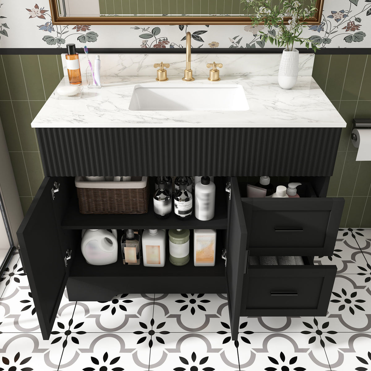 Bathroom Vanity Set, Soft Close Doors & Drawers, 3 Faucet Holes, Sink Included - Black