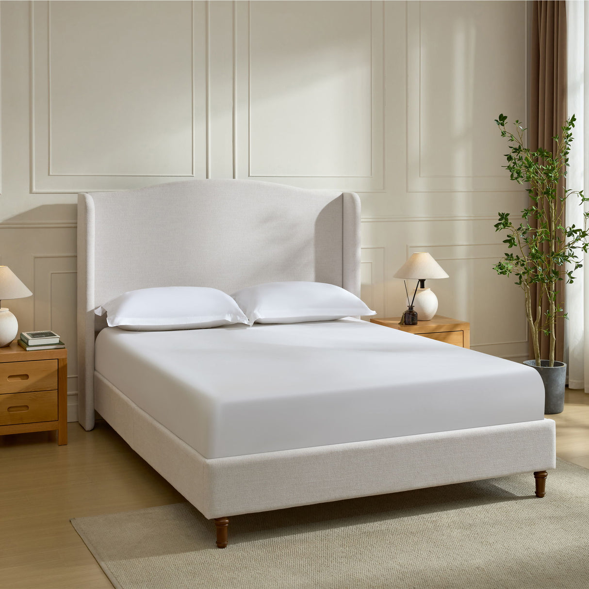 Hannah - Upholstered Wingback Bed Size / Tall Headboard Upholstered King Bed / Premium Textured Look / Minimalist Designs / No Box Spring Needed