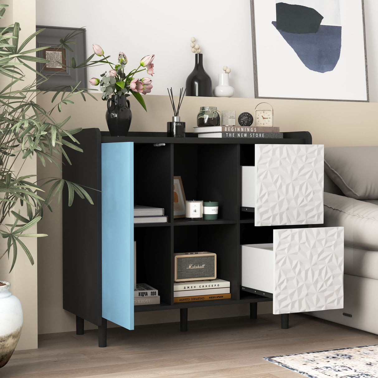 Sideboard Buffet Cabinet with Unique Panel Styling Wood Storage Drawers