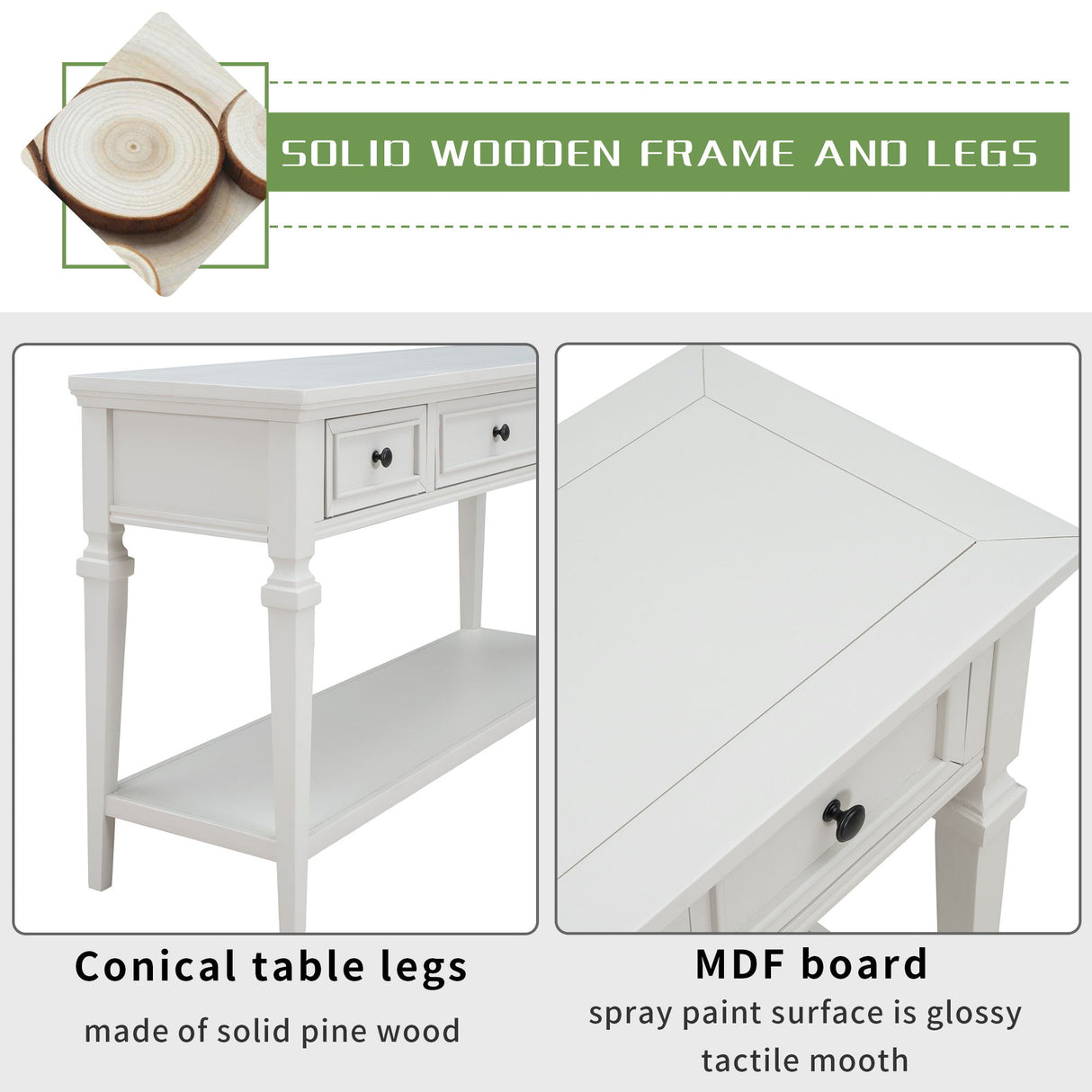 Classic Retro Style Console Table With 3 Top Drawers And Open Style Bottom Shelf - Antique White