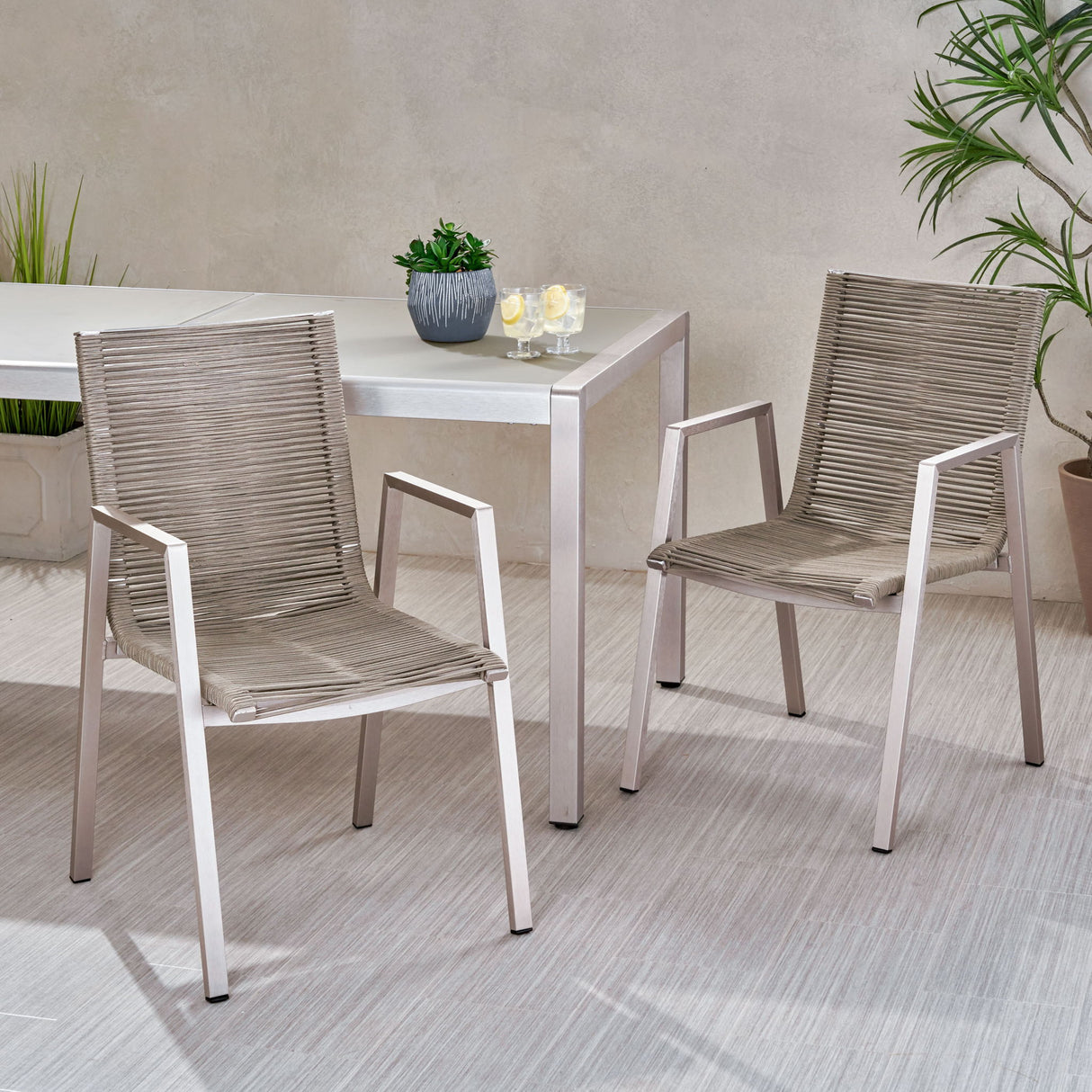 Outdoor Modern Aluminum Dining Chair Set With Rope Sea (Set of 2)