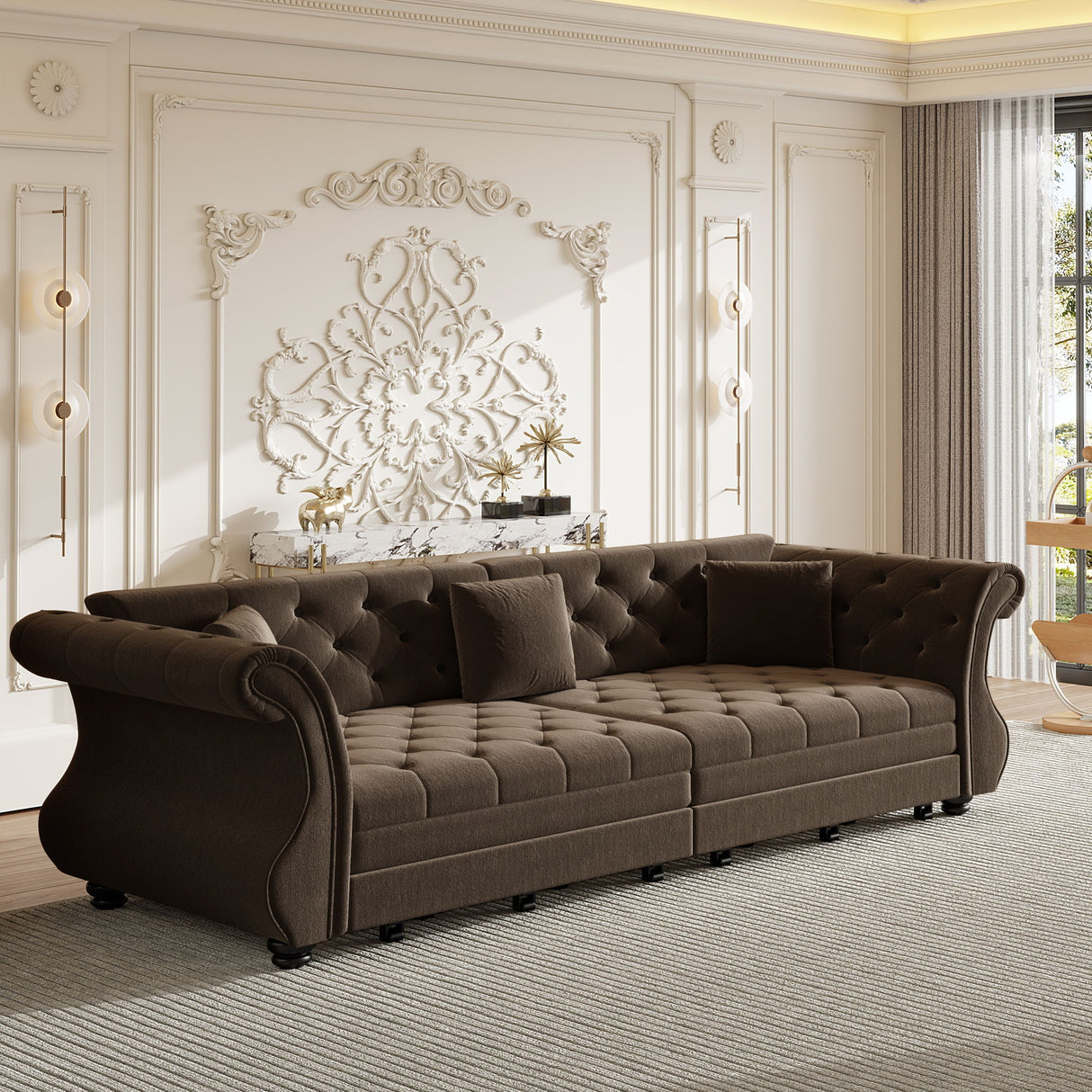 Oversized Chesterfield Pull Out Sofa Bed, Roll Arm Couch With Flower Tufting For Living Room