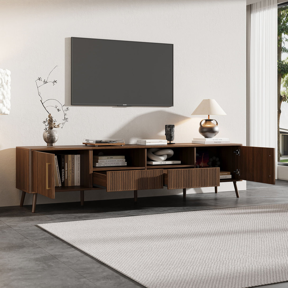 TV Stand For TVs Up To 85" With Soft-Close Doors, Open Shelf, Cable Management - Walnut