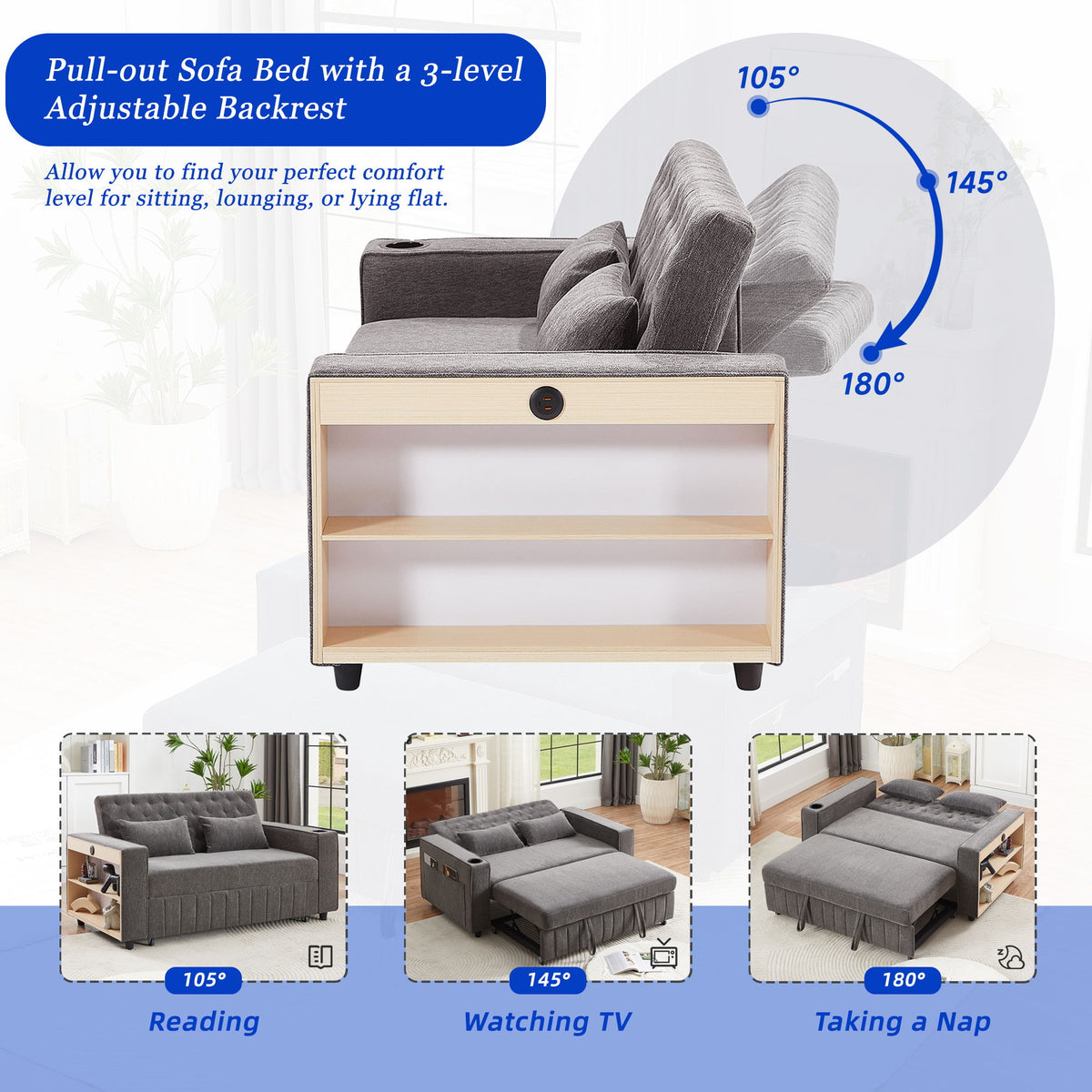 Pull-Out Sofa Bed Convertible Couch With Adjustable Backrest For Living Room