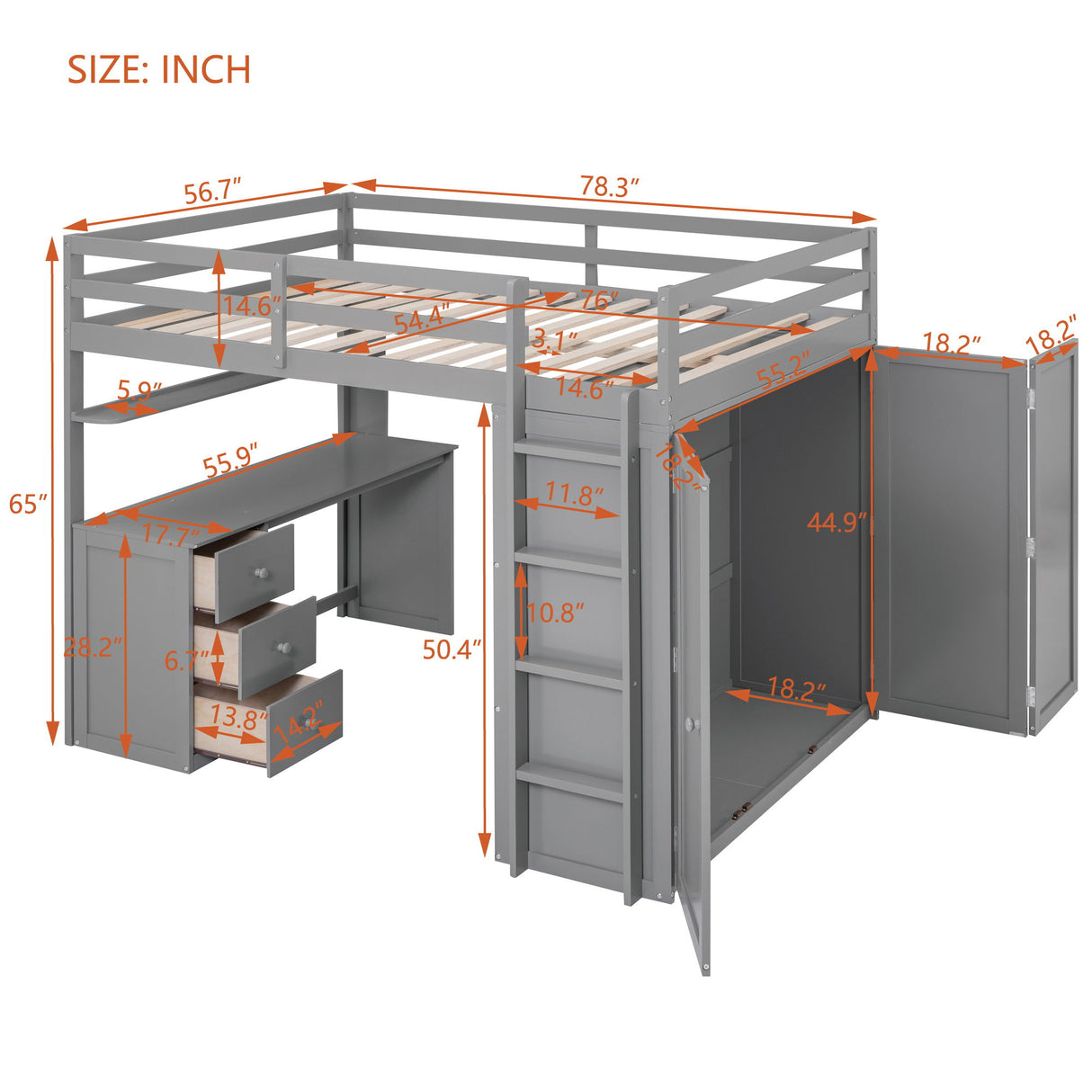 Full Size Loft Bed With Drawers, Desk, And Wardrobe - Gray