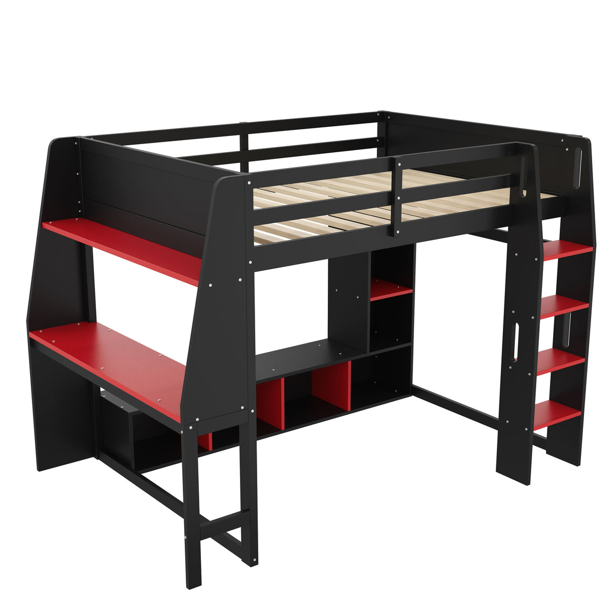 Gaming Loft Bed With Desk, Multi Storage Shelves, LED Lighting, And Hanging Clothes Rack
