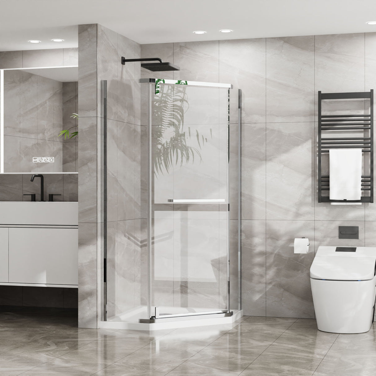Durable Hardware Neo Angle Frameless Shower Door With Acrylic Base Combo