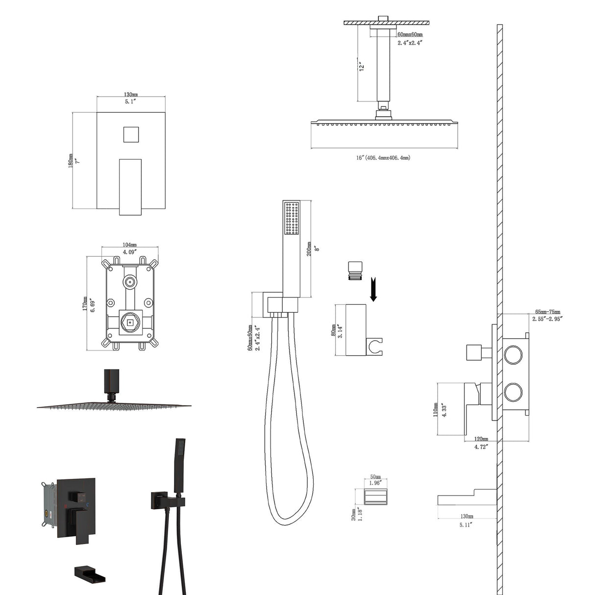 Shower System With Waterfall Tub Spout And 16" Ceiling Mount Square Rain Shower - Oil-Rubbed Bronze