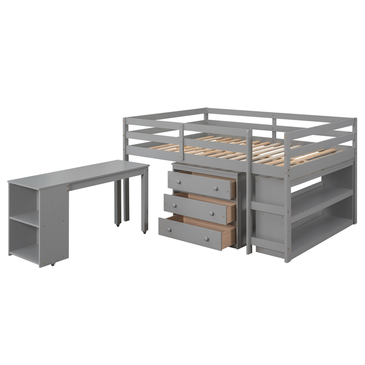 Loft Low Study Bed With Cabinet, Shelves And Rolling Portable Desk, Multiple Functions