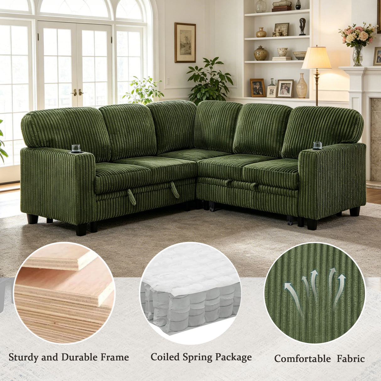 L-Shaped Sofa With Pull Out Sofa Bed With USB