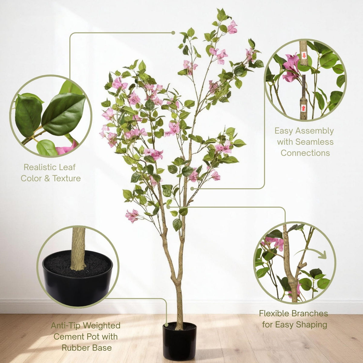Artificial Bougainvillea Tree, Realistic Faux Plant In Pot, Indoor Decor For Home - Baby Pink / Green Leaf