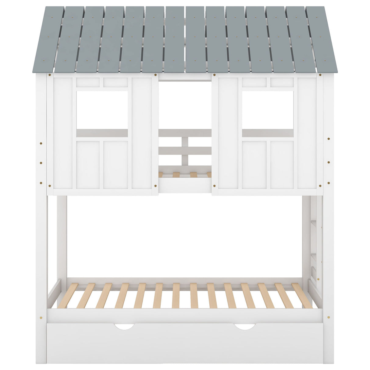 Twin Size House Bunk Bed With Trundle, Roof And Windows - White / Gray