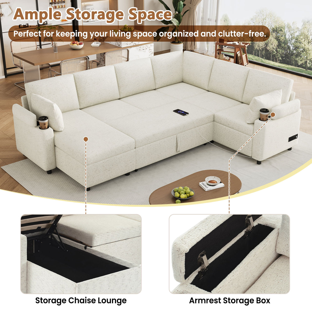 U-Shaped Sectional Sleeper Sofa With Ample Storage Space, 2 Cup Holders And Charging Ports For Living Room