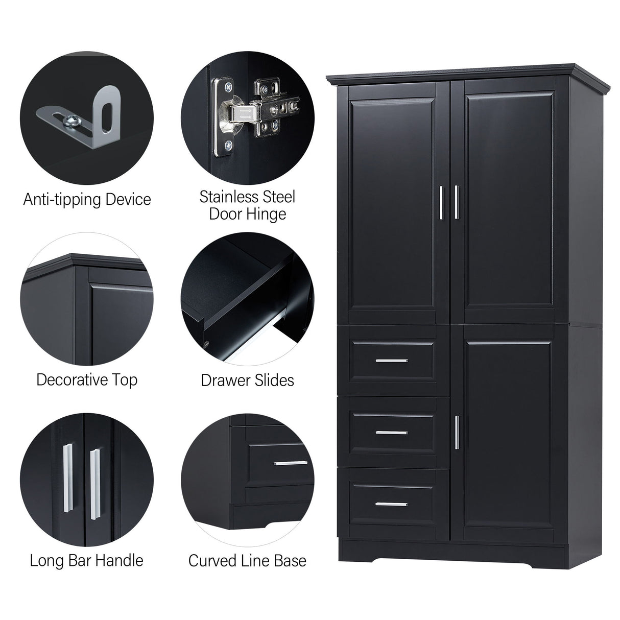 Tall And Wide Storage Cabinet With Doors, 3 Drawers