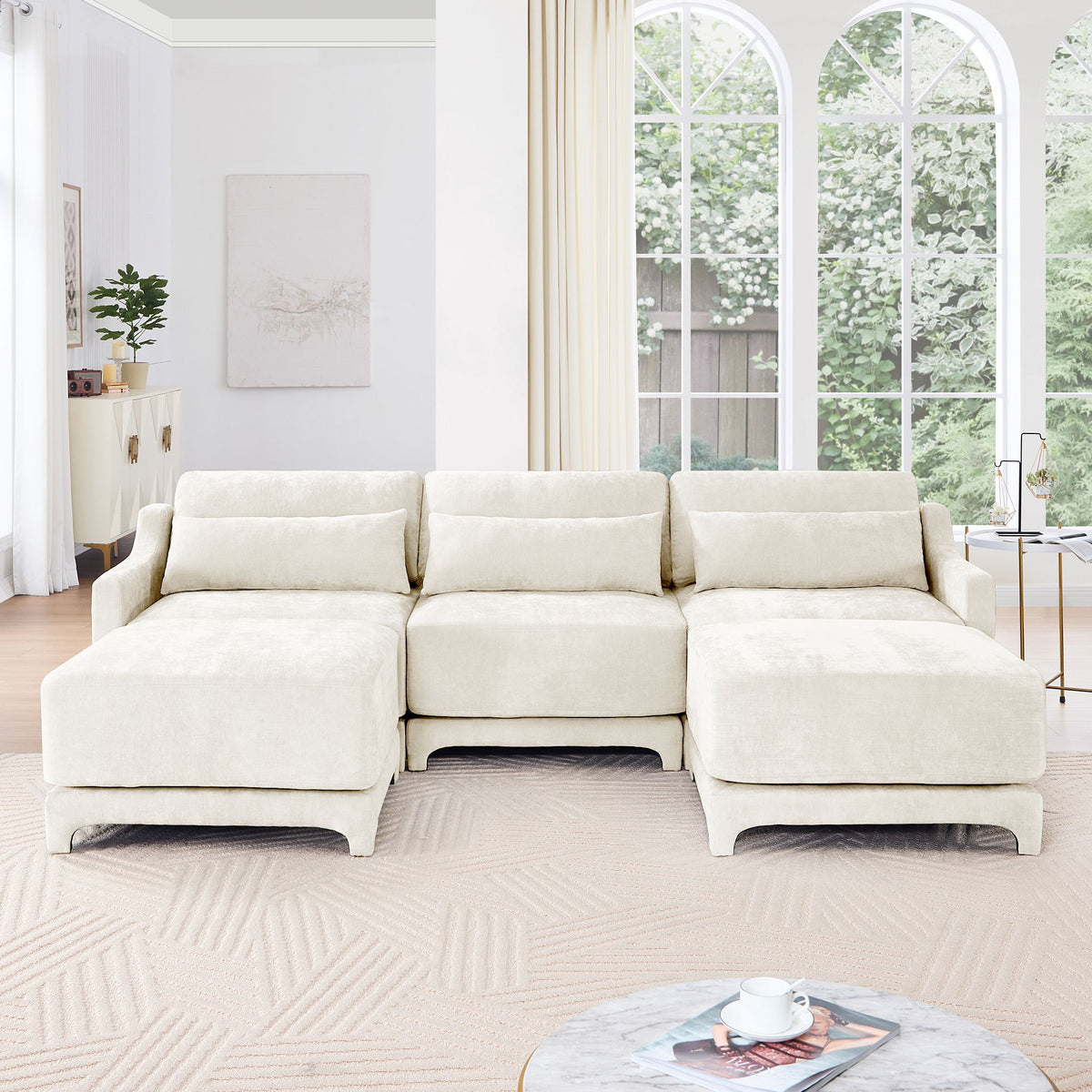 Stylish Sofa With Ottoman And Lumbar Pillows, Ergonomic Design