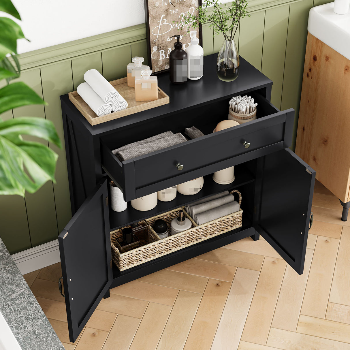 Farmhouse Storage Cabinet Kitchen Sideboard with Drawer Wood 30x32.5in