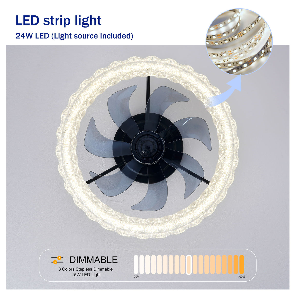 LED Light Source And Remote Control, 3000 - 6500K Dimmable Flush Mount LED Fan Light, 6 Speeds, Quiet DC Motor - Matte Black