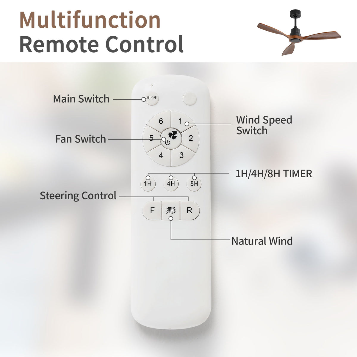 48" Ceiling Fan With 3 Blades, Remote Control Reversible DC Motor For Living Room