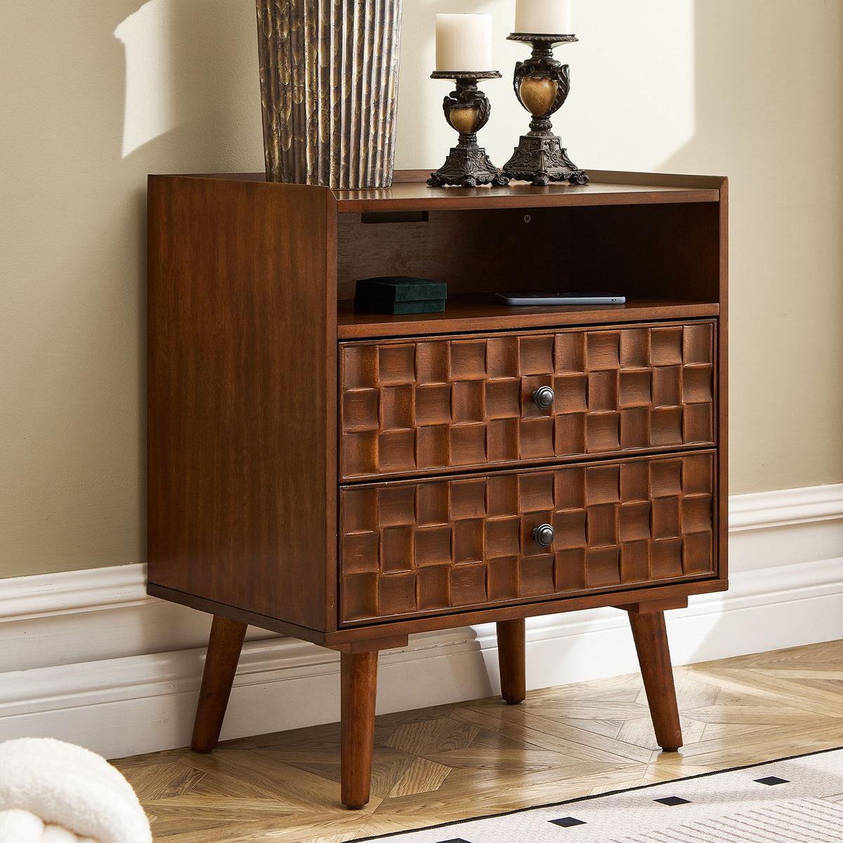 Nightstand With Charging Station, 2 Drawer Bedside Table With Shelf And USB / AC Ports